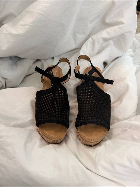 Franco Sarto Shoes - Franco Sarto Black Suede Open-Toe Wedge Sandals with Ankle Tie